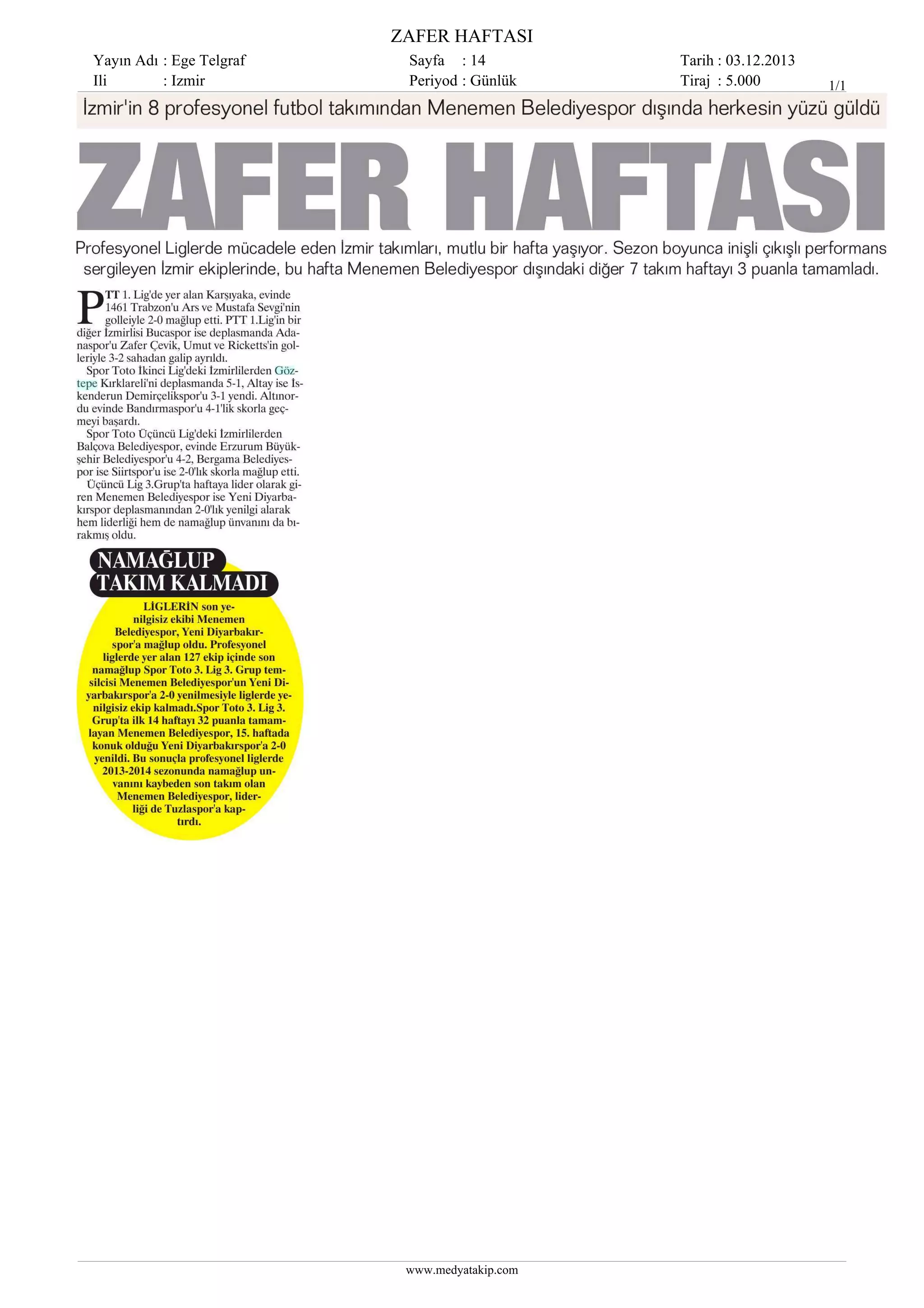 ZAFER HAFTASI
Yayın Adı : Ege Telgraf
Ili
: Izmir

Sayfa : 14
Periyod : Günlük

www.medyatakip.com

Tarih : 03.12.2013
Tiraj : 5.000

1/1

 