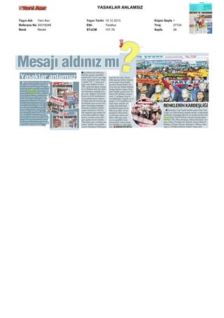 YASAKLAR ANLAMSIZ
Yayın Adı
Yeni Asır
Referans No 34319248
Renk
Renkli

Yayın Tarihi 10.12.2013
Etki
Tarafsız
STxCM
107,78

Küpür Sayfa 1
Tiraj
27724
Sayfa
28

 