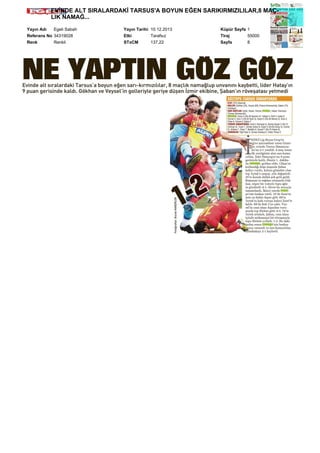 EVİNDE ALT SIRALARDAKİ TARSUS'A BOYUN EĞEN SARIKIRMIZILILAR,8 MAÇLIK NAMAĞ...
Yayın Adı
Egeli Sabah
Referans No 34319028
Renk
Renkli

Yayın Tarihi 10.12.2013
Etki
Tarafsız
STxCM
137,22

Küpür Sayfa 1
Tiraj
55000
Sayfa
8

 