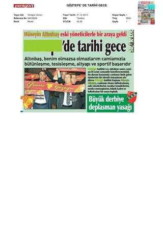 GÖZTEPE' DE TARİHİ GECE
Yayın Adı
Yenigün (İzmir)
Referans No 34632629
Renk
Renkli

Yayın Tarihi 21.12.2013
Etki
Tarafsız
STxCM
45,28

Küpür Sayfa 1
Tiraj
9500
Sayfa
1

 