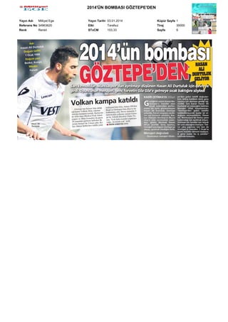 2014'ÜN BOMBASI GÖZTEPE'DEN
Yayın Adı
Milliyet Ege
Referans No 34963620
Renk
Renkli

Yayın Tarihi 03.01.2014
Etki
Tarafsız
STxCM
153,33

Küpür Sayfa 1
Tiraj
35000
Sayfa
9

 