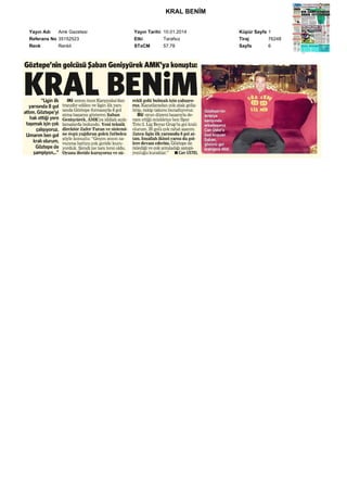 KRAL BEN?M
Yay?n Ad?
Amk Gazetesi
Referans No 35152523
Renk
Renkli

Yay?n Tarihi 10.01.2014
Etki
Tarafs?z
STxCM
57,78

Kpr Sayfa 1
Tiraj
76248
Sayfa
6

 