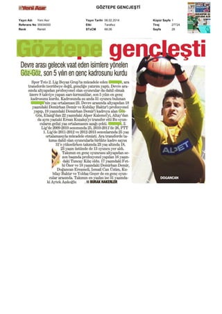 GÖZTEPE GENCJEŞTİ
Yayın Adı
Yeni Asır
Referans No 35934000
Renk
Renkli

Yayın Tarihi 08.02.2014
Etki
Tarafsız
STxCM
68,06

Küpür Sayfa 1
Tiraj
27724
Sayfa
28

 