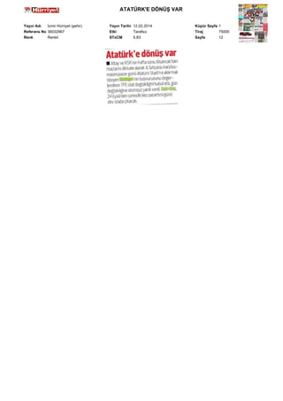 ATATÜRK'E DÖNÜŞ VAR
Yayın Adı
İzmir Hürriyet (şehir)
Referans No 36032967
Renk
Renkli

Yayın Tarihi 12.02.2014
Etki
Tarafsız
STxCM
5,83

Küpür Sayfa 1
Tiraj
75000
Sayfa
12

 