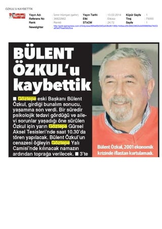 OZKUL'U KAYBETTİK
Yayın Adı : İzmir Hürriyet (şehir) Yayın Tarihi : 13.03.2014 Küpür Sayfa : 1
Referans No : 36822862 Etki : Etkisiz Tiraj : 75000
Renk : Renkli STxCM : 24,72 Sayfa : 1
Newslighter :
http://gold.ajanspress.com.tr/linkpress/889a85b54f2a438c801366c1b0becd5b36822862bdd0998856e74b53
a83e076ae0db20ce
 