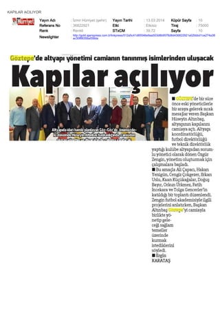 KAPILAR ACILIYOR
Yayın Adı : İzmir Hürriyet (şehir) Yayın Tarihi : 13.03.2014 Küpür Sayfa : 10
Referans No : 36822921 Etki : Etkisiz Tiraj : 75000
Renk : Renkli STxCM : 39,72 Sayfa : 10
Newslighter :
http://gold.ajanspress.com.tr/linkpress/512a5c41d85546e9aa503d8b9576d8d436822921a02bbbd1ce274a38
ac30f88356a558da
 