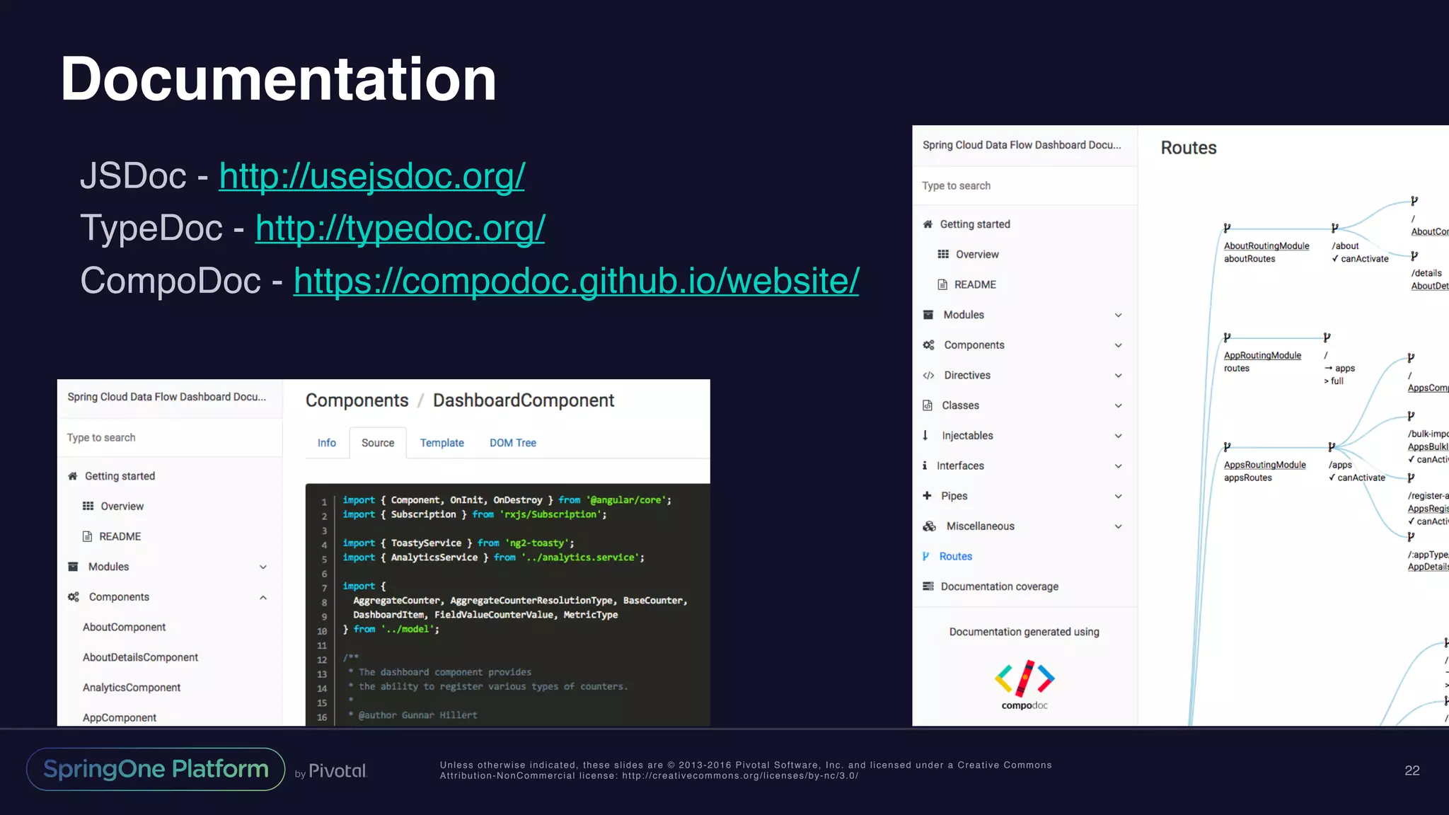 Unless otherwise indicated, these slides are © 2013-2016 Pivotal Software, Inc. and licensed under a Creative Commons
Attribution-NonCommercial license: http://creativecommons.org/licenses/by-nc/3.0/
Documentation
JSDoc - http://usejsdoc.org/
TypeDoc - http://typedoc.org/
CompoDoc - https://compodoc.github.io/website/
22
 