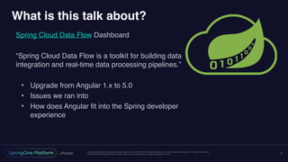 Unless otherwise indicated, these slides are © 2013-2016 Pivotal Software, Inc. and licensed under a Creative Commons
Attribution-NonCommercial license: http://creativecommons.org/licenses/by-nc/3.0/
What is this talk about?
Spring Cloud Data Flow Dashboard
“Spring Cloud Data Flow is a toolkit for building data
integration and real-time data processing pipelines.”
• Upgrade from Angular 1.x to 5.0
• Issues we ran into
• How does Angular fit into the Spring developer
experience
2
 