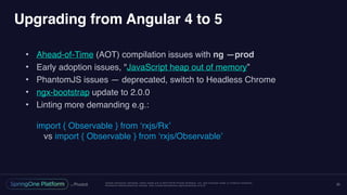 Unless otherwise indicated, these slides are © 2013-2016 Pivotal Software, Inc. and licensed under a Creative Commons
Attribution-NonCommercial license: http://creativecommons.org/licenses/by-nc/3.0/
Upgrading from Angular 4 to 5
• Ahead-of-Time (AOT) compilation issues with ng —prod
• Early adoption issues, "JavaScript heap out of memory”
• PhantomJS issues — deprecated, switch to Headless Chrome
• ngx-bootstrap update to 2.0.0
• Linting more demanding e.g.: 
 
import { Observable } from ‘rxjs/Rx’ 
vs import { Observable } from ‘rxjs/Observable’
20
 