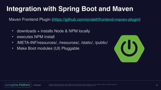 Unless otherwise indicated, these slides are © 2013-2016 Pivotal Software, Inc. and licensed under a Creative Commons
Attribution-NonCommercial license: http://creativecommons.org/licenses/by-nc/3.0/
Integration with Spring Boot and Maven
Maven Frontend Plugin (https://github.com/eirslett/frontend-maven-plugin)
• downloads + installs Node & NPM locally
• executes NPM install
• /META-INF/resources/, /resources/, /static/, /public/
• Make Boot modules (UI) Pluggable
23
 