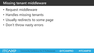 @ITCAMPRO #ITCAMP18Community Conference for IT Professionals
• Request middleware
• Handles missing tenants
• Usually redirects to some page
• Don’t throw nasty errors
Missing tenant middleware
 
