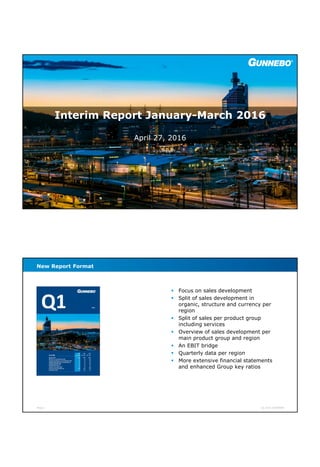 Interim Report January-March 2016
April 27, 2016
Page 2 Q1 2016 GUNNEBO
 Focus on sales development
 Split of sales development in
organic, structure and currency per
region
 Split of sales per product group
including services
 Overview of sales development per
main product group and region
 An EBIT bridge
 Quarterly data per region
 More extensive financial statements
and enhanced Group key ratios
New Report Format
 