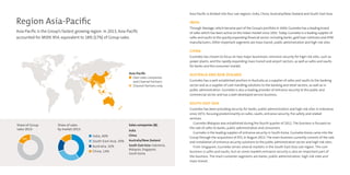 Share of sales
by market 2013:
Share of Group
sales 2013:
India, 40%
South-East Asia, 30%
Australia, 16%
China, 14%
Asia-Pacific is divided into four sub-regions: India, China, Australia/New Zealand and South-East Asia.
INDIA
Through Steelage, which became part of the Group’s portfolio in 2000, Gunnebo has a leading brand
of safes which has been active on the Indian market since 1932. Today, Gunnebo is a leading supplier of
safes and vaults to the quickly expanding financial sector, including banks, gold loan institutes and ATM
manufacturers. Other important segments are mass transit, public administration and high-risk sites.
CHINA
Gunnebo has chosen to focus on two major businesses: entrance security for high-risk sites, such as
power plants, and the rapidly expanding mass transit and airport sectors, as well as safes and vaults
for banks and the consumer market.
AUSTRALIA AND NEW ZEALAND
Gunnebo has a well-established position in Australia as a supplier of safes and vaults to the banking
sector and as a supplier of cash handling solutions to the banking and retail sectors, as well as in
public administration. Gunnebo is also a leading provider of entrance security to the public and
commercial sector and has a well-developed service business.
SOUTH-EAST ASIA
Gunnebo has been providing security for banks, public administration and high-risk sites in Indonesia
since 1972, focusing predominantly on safes, vaults, entrance security, fire safety and related
services.
Gunnebo Malaysia was established during the fourth quarter of 2012. The business is focused on
the sale of safes to banks, public administration and consumers.
Gunnebo is the leading supplier of entrance security in South Korea. Gunnebo Korea came into the
Group through the acquisition of ATG in August 2013. The main business currently consists of the sale
and installation of entrance security solutions to the public administration sector and high-risk sites.
From Singapore, Gunnebo serves several markets in the South-East Asia sub-region. The core
business is safes and vaults, but on some markets entrance security is also an important part of
the business. The main customer segments are banks, public administration, high-risk sites and
mass transit.
Region Asia-Pacific
Asia-Pacific is the Group’s fastest growing region. In 2013, Asia-Pacific
accounted for MSEK 954, equivalent to 18% (17%) of Group sales.
18%
Sales companies (8):
Asia-Pacific
Own sales companies
	 and Channel Partners
Channel Partners only
India
China
Australia/New Zealand
South-East Asia: Indonesia,
Malaysia, Singapore,
South Korea
 