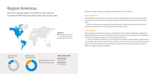 Share of sales
by market 2013:
Share of Group
sales 2013:
Americas is divided into two sub-regions: North America and Latin America.
NORTH AMERICA
In North America, the Group has a mature business in Canada where Gunnebo has been an estab-
lished name in the bank sector for many years predominantly offering security services, safes and
vaults.
In the USA, Hamilton Safe, acquired by Gunnebo in 2012, is well-established in the bank sector
with many strong references in the US public administration sector.
LATIN AMERICA
After setting up a bank service business in central Mexico 2011, today Gunnebo has a rapidly grow-
ing business which serves around 700 branches from two of the country’s major banks. Gunnebo has
also recently introduced solutions for cash handling to the market.
In Brazil, Gunnebo has continued to successfully launch systems for cash handling, predominantly
to retail with a focus on EAS and surveillance systems. In other territories where Gunnebo does not
have its own sales companies, it has revitalised its distributor network during 2013, focusing on
Chile, Peru, Argentina and the Caribbean.
Region Americas
Americas is a growth region for Gunnebo. In 2013, Americas
accounted for MSEK 843, equivalent to 16% (12%) of Group sales.
North America, 78%
Latin America, 22%
16%
Sales companies (4):
Americas
Own sales companies
	 and Channel Partners
Channel Partners only
North America:
Canada, USA
Latin America:
Brazil, Mexico
 