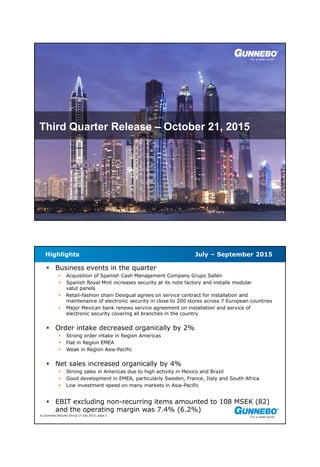 © Gunnebo Security Group 17 July 2015, page 1
Third Quarter Release – October 21, 2015
© Gunnebo Security Group 17 July 2015, page 2
 Business events in the quarter
 Acquisition of Spanish Cash Management Company Grupo Sallén
 Spanish Royal Mint increases security at its note factory and installs modular
valut panels
 Retail-fashion chain Desigual agrees on service contract for installation and
maintenance of electronic security in close to 200 stores across 7 European countries
 Major Mexican bank renews service agreement on installation and service of
electronic security covering all branches in the country
 Order intake decreased organically by 2%
 Strong order intake in Region Americas
 Flat in Region EMEA
 Weak in Region Asia-Pacific
 Net sales increased organically by 4%
 Strong sales in Americas due to high activity in Mexico and Brazil
 Good development in EMEA, particularly Sweden, France, Italy and South Africa
 Low investment speed on many markets in Asia-Pacific
 EBIT excluding non-recurring items amounted to 108 MSEK (82)
and the operating margin was 7.4% (6.2%)
Highlights July – September 2015
 