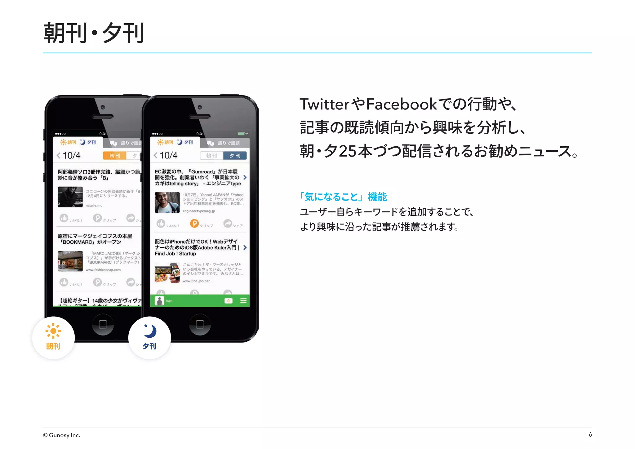 朝刊 夕刊
・
Twitter やFacebookでの行動や、

記事の既読傾向から興味を分析し、

朝・ 25 本づつ配信されるお勧めニュース。
夕
「気になること」機能
ユーザー自らキーワードを追加することで、
より興味に沿った記事が推薦されます。

朝刊

© Gunosy Inc.

夕刊

6

 