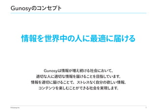 Gunosy のコンセプト

情報を世界中の人に最適に届ける

Gunosy は情報が増え続ける社会において、

適切な人に適切な情報を届けることを目指し
ています。

情報を適切に届けることで、ストレスなく自分の欲しい情報、
コンテンツを楽しむことができる社会を実現します。

© Gunosy Inc.

3

 
