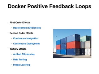 • First Order Effects!
• Development Efﬁciencies!
• Second Order Effects!
• Continuous Integration !
• Continuous Deployment!
• Tertiary Effects!
• Artifact Efﬁciencies!
• Data Testing !
• Image Layering
Docker Positive Feedback Loops
 