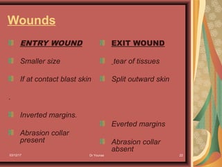 03/12/17 Dr Younas 22
Wounds
ENTRY WOUND
Smaller size
If at contact blast skin
.
Inverted margins.
Abrasion collar
present
EXIT WOUND
tear of tissues
Split outward skin
Everted margins
Abrasion collar
absent
 