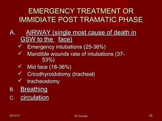 03/12/1703/12/17 Dr YounasDr Younas 2929
EMERGENCY TREATMENT OREMERGENCY TREATMENT OR
IMMIDIATE POST TRAMATIC PHASEIMMIDIATE POST TRAMATIC PHASE
A.A. AIRWAY (single most cause of death inAIRWAY (single most cause of death in
GSW to theGSW to the face)face)
 Emergency intubations (25-36%)Emergency intubations (25-36%)
 Mandible wounds rate of intubations (37-Mandible wounds rate of intubations (37-
53%)53%)
 Mid face (18-36%)Mid face (18-36%)
 Cricothyroidotomy (tracheal)Cricothyroidotomy (tracheal)
 tracheostomytracheostomy
B.B. BreathingBreathing
C.C. circulationcirculation
 