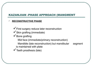 03/12/17 Dr Younas 40
KAZANJIAN -PHASE APPROACH (MANGMENT
 RECONSTRUCTIVE PHASE
First surgery reduce later reconstruction
Skin grafting (immediate)
Bone grafting
Mid face (immediate/primary reconstruction)
Mandible (late reconstruction) but mandibular segment
is maintained with plate
Teeth prosthesis (late)
 
