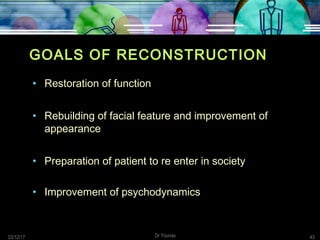 03/12/17 Dr Younas 43
GOALS OF RECONSTRUCTION
• Restoration of function
• Rebuilding of facial feature and improvement of
appearance
• Preparation of patient to re enter in society
• Improvement of psychodynamics
 