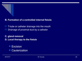 Dr Younas 5203/12/17
B. Formation of a controlled internal fistula
 T-tube or catheter drainage into the mouth
 Drainage of proximal duct by a catheter
C. gland removal
D. Local therapy to the fistula
 Excision
 Cauterization
 