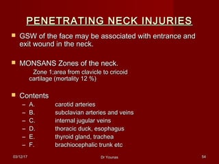 03/12/1703/12/17 Dr YounasDr Younas 5454
PENETRATING NECK INJURIESPENETRATING NECK INJURIES
 GSW of the face may be associated with entrance andGSW of the face may be associated with entrance and
exit wound in the neck.exit wound in the neck.
 MONSANS Zones of the neck.MONSANS Zones of the neck.
Zone 1;area from clavicle to cricoidZone 1;area from clavicle to cricoid
cartilage (mortality 12 %)cartilage (mortality 12 %)
 ContentsContents
– A.A. carotid arteriescarotid arteries
– B.B. subclavian arteries and veinssubclavian arteries and veins
– C.C. internal jugular veinsinternal jugular veins
– D.D. thoracic duck, esophagusthoracic duck, esophagus
– E.E. thyroid gland, tracheathyroid gland, trachea
– F.F. brachiocephalic trunk etcbrachiocephalic trunk etc
 