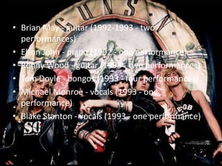 • Brian May - guitar (1992-1993 - two
  performances)
• Elton John - piano (1992 - one performance)
• Ronny Wood - guitar (1993 - two performances)
• Tom Doyle - bongos (1993 - four performances)
• Michael Monroe - vocals (1993 - one
  performance)
• Blake Stanton - vocals (1993 - one performance)
 