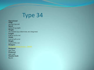 Type 34
   Operational
    range
   400 km (250 mi)
   Speed
   53 km/h (33 mph)
   Weight
   26.5 tonnes (29.2 short tons; 26.1 long tons)
   Length
   6.68 m (21 ft 11 in)
   Width
   3.00 m (9 ft 10 in)
   Height
   2.45 m (8 ft 0 in)
   Designer
   T-34 Main Design Bureau – KMDB
   Designed
   1937–1940
   Produced
   1940–1958
   Number built
   84,070
 