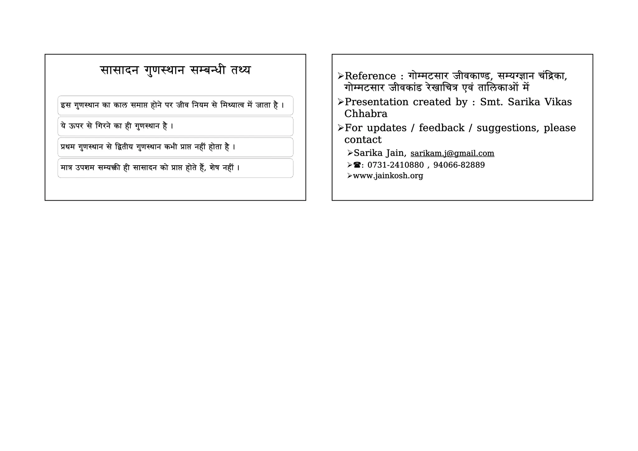 सासादन गुणथान सबधी तय
इस गुणथान का काल समा हाेने पर जीव िनयम से मयाव मे जाता है
ये ऊपर से गरने का ही गुणथान है
थम गुणथान से तीय गुणथान कभी ा नही हाेता है
मा उपशम सय ही सासादन काे ा हाेते है, शेष नही
Reference : गाेटसार जीवकाड, सयान चका,
गाेटसार जीवकाड रेखाच एव तालकाअाे मे
Presentation created by : Smt. Sarika Vikas
Chhabra
For updates / feedback / suggestions, please
contact
Sarika Jain, sarikam.j@gmail.com
: 0731-2410880 , 94066-82889
www.jainkosh.org
 