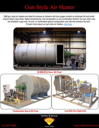 Gun Style Air Heater
  S&B gun style air heaters are ideal for process air streams with low oxygen content or entrained dirt and which
 require larger mass flows, higher temperatures, fuel oil operation or any combination thereof. Our gun style units
       are available in gas only, oil only, or combination gas/oil configuration and with low-emission burners.
                              To learn more about our gun style air heaters, click here.




                                           90 MM BTU/ Hour; Oil Fired




             Combination Gas & Oil Fired                                     Low NOx Gun Style Unit

                                                Stelter & Brinck


513-367-9300                                         Since 1956                         www.stelterbrinck.com
 