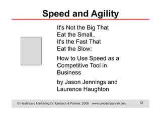 © Healthcare Marketing Dr. Umbach & Partner, 2006 www.umbachpartner.com 12
It's Not the Big That
Eat the Small..
It's the Fast That
Eat the Slow:
How to Use Speed as a
Competitive Tool in
Business
by Jason Jennings and
Laurence Haughton
Speed and Agility
 