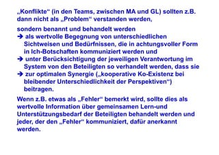 „Konflikte“ (in den Teams, zwischen MA und GL) sollten z.B.
dann nicht als „Problem“ verstanden werden,
sondern benannt und behandelt werden
   als wertvolle Begegnung von unterschiedlichen
  Sichtweisen und Bedürfnissen, die in achtungsvoller Form
  in Ich-Botschaften kommuniziert werden und
   unter Berücksichtigung der jeweiligen Verantwortung im
  System von den Beteiligten so verhandelt werden, dass sie
   zur optimalen Synergie („kooperative Ko-Existenz bei
  bleibender Unterschiedlichkeit der Perspektiven“)
  beitragen.
Wenn z.B. etwas als „Fehler“ bemerkt wird, sollte dies als
wertvolle Information über gemeinsamen Lern-und
Unterstützungsbedarf der Beteiligten behandelt werden und
jeder, der den „Fehler“ kommuniziert, dafür anerkannt
werden.
 