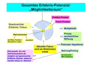Gesamtes Erlebnis-Potenzial:
                      „Möglichkeitsraum“

                                                    Problem-Prozess

                                                           Traum-Prozess
 Gewünschter
 Erlebnis- Fokus                                                   Multiplizität

       Wahrnehmender                                               Prinzip
                                                                   wortwörlicher
Auf Meta- Position/   assoziiert
                                                                   Wirkung
Dissoziiert/ Luzide
                                                               Potenzial- Hypothese
                                    Aktueller Fokus:
                                   wird als Wirklichkeit
Ziel jeweils: So viel                                           Bahnung/Priming
                                          erlebt
Aufmerksamkeit als
                                                                Dr.G.Schmidt
möglich auf gewünschte                                          MEI Heidelberg
Erlebnis- Muster, dadurch
werden diese re- aktiviert
 