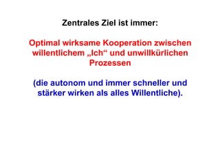 Zentrales Ziel ist immer:

Optimal wirksame Kooperation zwischen
willentlichem „Ich“ und unwillkürlichen
               Prozessen

 (die autonom und immer schneller und
  stärker wirken als alles Willentliche).
 