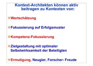 Kontext-Architekten können aktiv
    beitragen zu Kontexten von:

Wertschätzung

Fokussierung auf Erfolgsmuster

Kompetenz-Fokussierung

Zielgestaltung mit optimaler
Selbstwirksamkeit der Beteiligten

Ermutigung, Neugier, Forscher- Freude
 