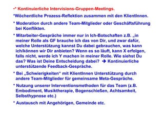 •* Kontinuierliche Intervisions-Gruppen-Meetings.
*Wöchentliche Prozess-Reflektion zusammen mit den KlientInnen.
* Moderation durch andere Team-Mitglieder oder Geschäftsführung
  bei Konflikten.
* Mitarbeiter-Gespräche immer nur in Ich-Botschaften z.B. „in
  meiner Rolle als GF brauche ich das von Dir, und zwar dafür,
  welche Unterstützung kannst Du dabei gebrauchen, was kann
  ich/können wir Dir anbieten? Wenn es so läuft, kann X erfolgen,
  falls nicht, werde ich Y machen in meiner Rolle. Wie siehst Du
  das? Was ist Deine Entscheidung dabei?       Kontinuierliche
  unterstützende Feedback-Gespräche.
* Bei „Schwierigkeiten“ mit KlientInnen Unterstützung durch
  andere Team-Mitglieder für gemeinsame Meta-Gespräche.
* Nutzung unserer Interventionsmethoden für das Team (z.B.
  Embodiment, Musiktherapie, Bogenschießen, Achtsamkeit,
  Selbsthypnose etc.)
* Austausch mit Angehörigen, Gemeinde etc.
 
