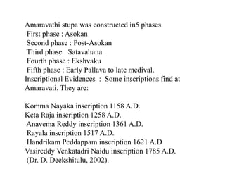 Amaravathi stupa was constructed in5 phases.
First phase : Asokan
Second phase : Post-Asokan
Third phase : Satavahana
Fourth phase : Ekshvaku
Fifth phase : Early Pallava to late medival.
Inscriptional Evidences : Some inscriptions find at
Amaravati. They are:
Komma Nayaka inscription 1158 A.D.
Keta Raja inscription 1258 A.D.
Anavema Reddy inscription 1361 A.D.
Rayala inscription 1517 A.D.
Handrikam Peddappam inscription 1621 A.D
Vasireddy Venkatadri Naidu inscription 1785 A.D.
(Dr. D. Deekshitulu, 2002).
 