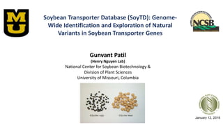 Soybean Transporter Database (SoyTD): Genome-
Wide Identification and Exploration of Natural
Variants in Soybean Transporter Genes
Gunvant Patil
(Henry Nguyen Lab)
National Center for Soybean Biotechnology &
Division of Plant Sciences
University of Missouri, Columbia
January 12, 2016
 