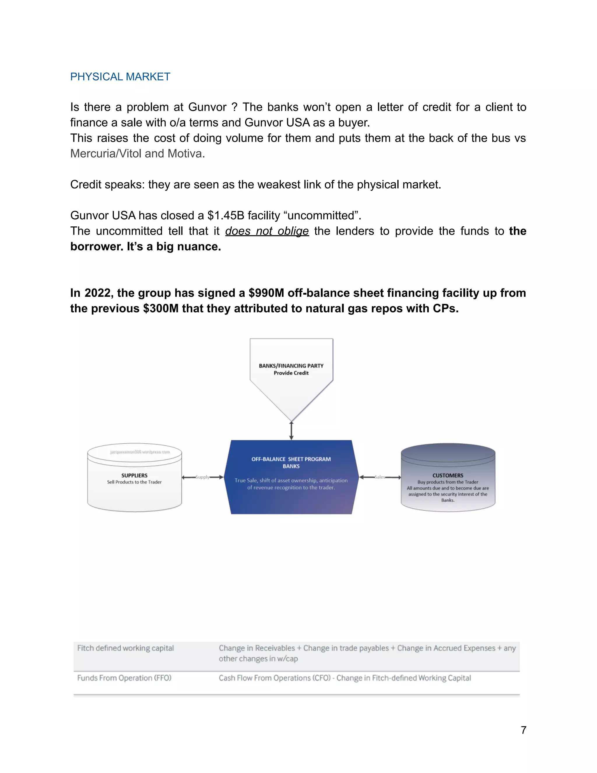 PHYSICAL MARKET
Is there a problem at Gunvor ? The banks won’t open a letter of credit for a client to
finance a sale with o/a terms and Gunvor USA as a buyer.
This raises the cost of doing volume for them and puts them at the back of the bus vs
Mercuria/Vitol and Motiva.
Credit speaks: they are seen as the weakest link of the physical market.
Gunvor USA has closed a $1.45B facility “uncommitted”.
The uncommitted tell that it does not oblige the lenders to provide the funds to the
borrower. It’s a big nuance.
In 2022, the group has signed a $990M off-balance sheet financing facility up from
the previous $300M that they attributed to natural gas repos with CPs.
7
 
