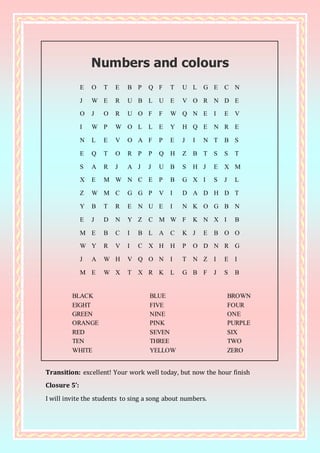 Numbers and colours
E O T E B P Q F T U L G E C N
J W E R U B L U E V O R N D E
O J O R U O F F W Q N E I E V
I W P W O L L E Y H Q E N R E
N L E V O A F P E J I N T B S
E Q T O R P P Q H Z B T S S T
S A R J A J J U B S H J E X M
X E M W N C E P B G X I S J L
Z W M C G G P V I D A D H D T
Y B T R E N U E I N K O G B N
E J D N Y Z C M W F K N X I B
M E B C I B L A C K J E B O O
W Y R V I C X H H P O D N R G
J A W H V Q O N I T N Z I E I
M E W X T X R K L G B F J S B
BLACK BLUE BROWN
EIGHT FIVE FOUR
GREEN NINE ONE
ORANGE PINK PURPLE
RED SEVEN SIX
TEN THREE TWO
WHITE YELLOW ZERO
Transition: excellent! Your work well today, but now the hour finish
Closure 5’:
I will invite the students to sing a song about numbers.
 