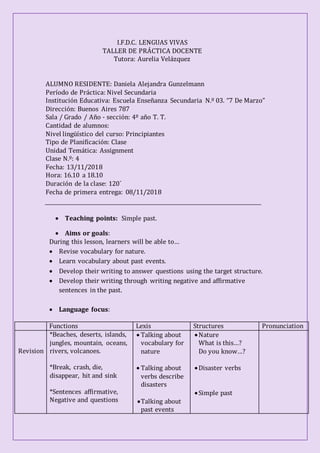 I.F.D.C. LENGUAS VIVAS
TALLER DE PRÁCTICA DOCENTE
Tutora: Aurelia Velázquez
ALUMNO RESIDENTE: Daniela Alejandra Gunzelmann
Período de Práctica: Nivel Secundaria
Institución Educativa: Escuela Enseñanza Secundaria N.º 03. “7 De Marzo”
Dirección: Buenos Aires 787
Sala / Grado / Año - sección: 4º año T. T.
Cantidad de alumnos:
Nivel lingüístico del curso: Principiantes
Tipo de Planificación: Clase
Unidad Temática: Assignment
Clase N.º: 4
Fecha: 13/11/2018
Hora: 16.10 a 18.10
Duración de la clase: 120´
Fecha de primera entrega: 08/11/2018
 Teaching points: Simple past.
 Aims or goals:
During this lesson, learners will be able to…
 Revise vocabulary for nature.
 Learn vocabulary about past events.
 Develop their writing to answer questions using the target structure.
 Develop their writing through writing negative and affirmative
sentences in the past.
 Language focus:
Functions Lexis Structures Pronunciation
Revision
*Beaches, deserts, islands,
jungles, mountain, oceans,
rivers, volcanoes.
*Break, crash, die,
disappear, hit and sink
*Sentences affirmative,
Negative and questions
 Talking about
vocabulary for
nature
 Talking about
verbs describe
disasters
Talking about
past events
Nature
What is this…?
Do you know…?
Disaster verbs
Simple past
e/e
 