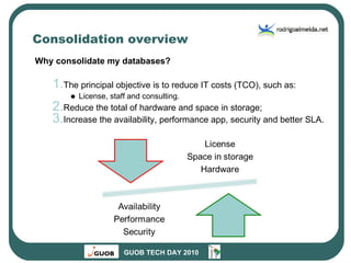 Consolidation overview Why consolidate my databases? The principal objective is to reduce IT costs (TCO), such as: License, staff and consulting. Reduce the total of hardware and space in storage; Increase the availability, performance app, security and better SLA. 