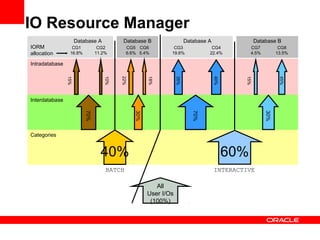 IO Resource Manager
IORM
allocation
Intradatabase
Interdatabase
Categories
All
User I/Os
(100%)
70%
30%
Database A
70%
30%
15%
CG1
16.8%
10%
CG2
11.2%
Database B
22%
CG5
6.6%
18%
CG6
5.4%
Database A
35%
CG3
19.6%
40%
CG4
22.4%
Database B
15%
CG7
4.5%
45%
CG8
13.5%
40%
BATCH
60%
INTERACTIVE
 