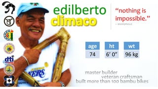 edilberto
age
74
ht
6’ 0”
wt
96 kg
“nothing is
impossible.”
 