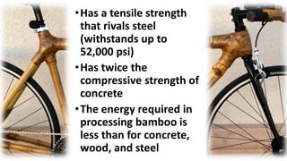 •Has a tensile strength
that rivals steel
(withstands up to
52,000 psi)
•Has twice the
compressive strength of
concrete
•The energy required in
processing bamboo is
less than for concrete,
wood, and steel
 