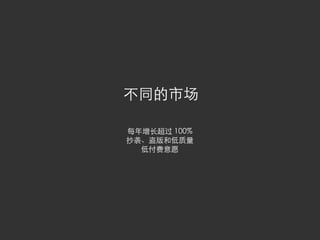 不同的市场

每年增长超过 100%
抄袭、盗版和低质量
  低付费意愿
 