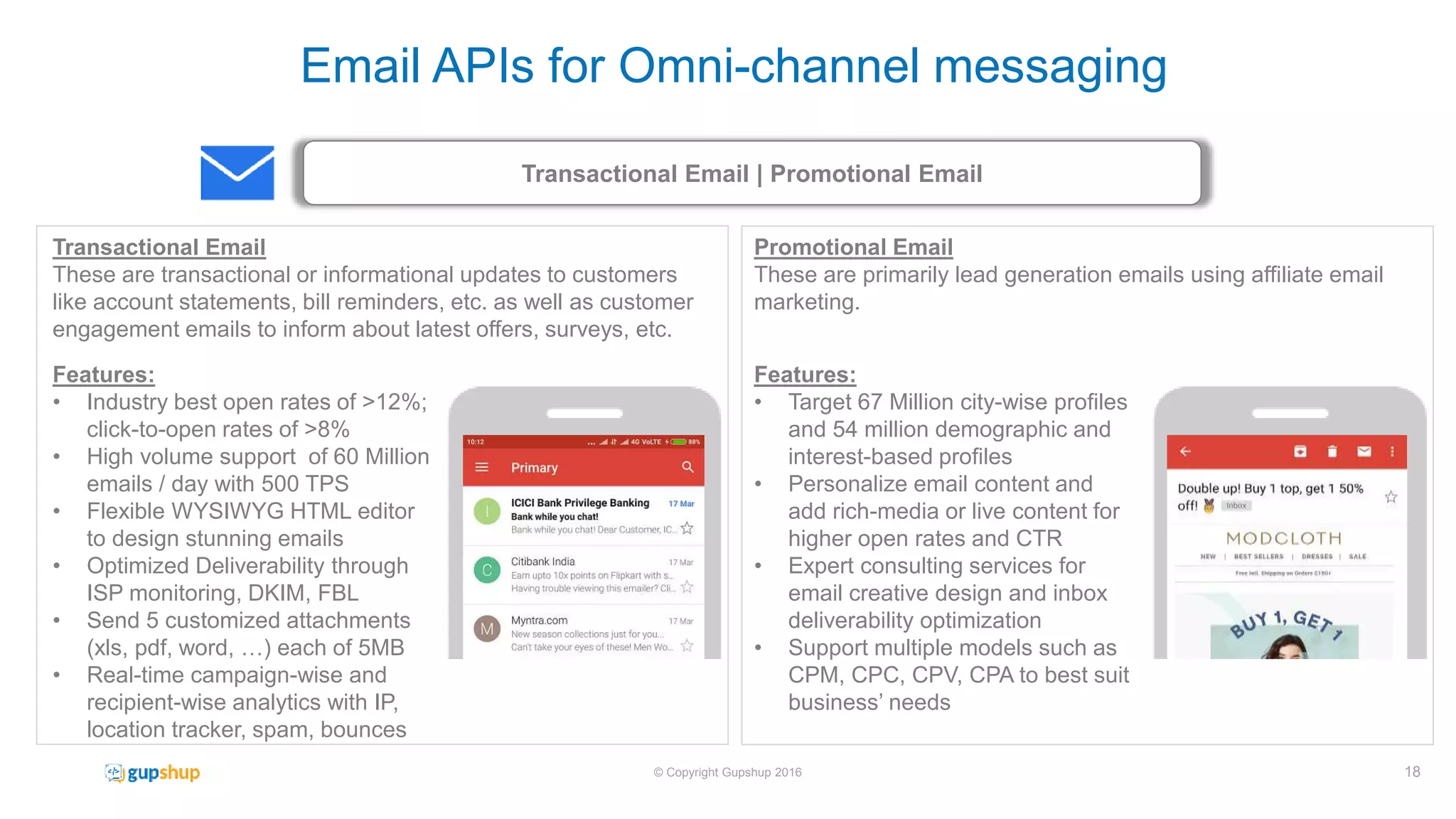 18© Copyright Gupshup 2016
Transactional Email | Promotional Email
Email APIs for Omni-channel messaging
Transactional Email
These are transactional or informational updates to customers
like account statements, bill reminders, etc. as well as customer
engagement emails to inform about latest offers, surveys, etc.
Features:
• Industry best open rates of >12%;
click-to-open rates of >8%
• High volume support of 60 Million
emails / day with 500 TPS
• Flexible WYSIWYG HTML editor
to design stunning emails
• Optimized Deliverability through
ISP monitoring, DKIM, FBL
• Send 5 customized attachments
(xls, pdf, word, …) each of 5MB
• Real-time campaign-wise and
recipient-wise analytics with IP,
location tracker, spam, bounces
Promotional Email
These are primarily lead generation emails using affiliate email
marketing.
Features:
• Target 67 Million city-wise profiles
and 54 million demographic and
interest-based profiles
• Personalize email content and
add rich-media or live content for
higher open rates and CTR
• Expert consulting services for
email creative design and inbox
deliverability optimization
• Support multiple models such as
CPM, CPC, CPV, CPA to best suit
business’ needs
 