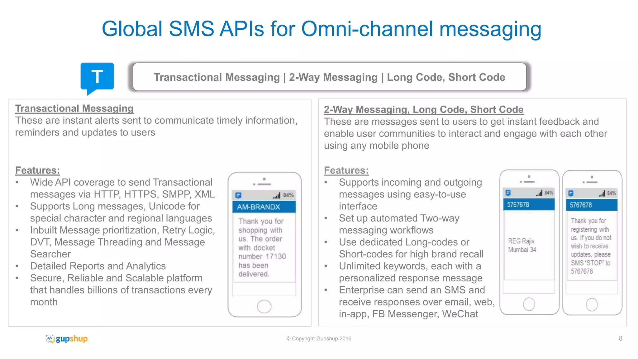 Transactional Messaging
These are instant alerts sent to communicate timely information,
reminders and updates to users
Features:
• Wide API coverage to send Transactional
messages via HTTP, HTTPS, SMPP, XML
• Supports Long messages, Unicode for
special character and regional languages
• Inbuilt Message prioritization, Retry Logic,
DVT, Message Threading and Message
Searcher
• Detailed Reports and Analytics
• Secure, Reliable and Scalable platform
that handles billions of transactions every
month
8© Copyright Gupshup 2016
Transactional Messaging | 2-Way Messaging | Long Code, Short Code
Global SMS APIs for Omni-channel messaging
2-Way Messaging, Long Code, Short Code
These are messages sent to users to get instant feedback and
enable user communities to interact and engage with each other
using any mobile phone
Features:
• Supports incoming and outgoing
messages using easy-to-use
interface
• Set up automated Two-way
messaging workflows
• Use dedicated Long-codes or
Short-codes for high brand recall
• Unlimited keywords, each with a
personalized response message
• Enterprise can send an SMS and
receive responses over email, web,
in-app, FB Messenger, WeChat
 